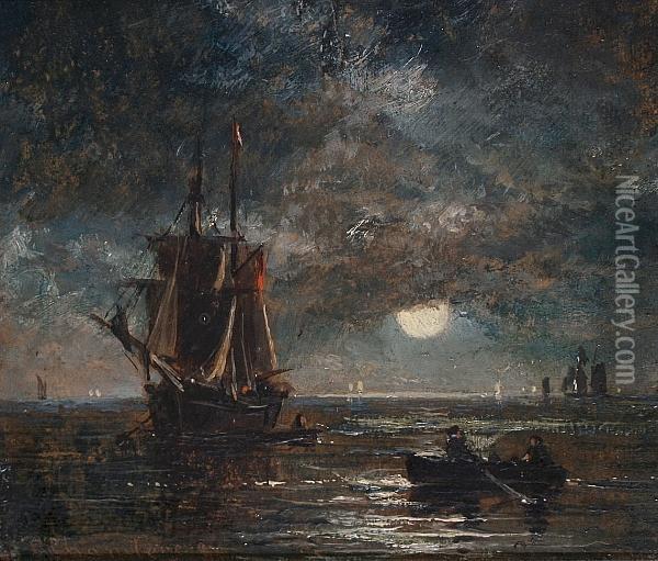 Shipping By Moonlight Oil Painting - George Chambers