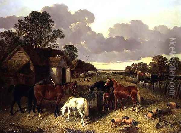 Horses, Pigs, Poultry, Duck and Cattle in a Farmyard Oil Painting - John Frederick Herring Snr