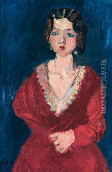 La Femme En Rouge Sur Fond Bleu Oil Painting - Chaim Soutine