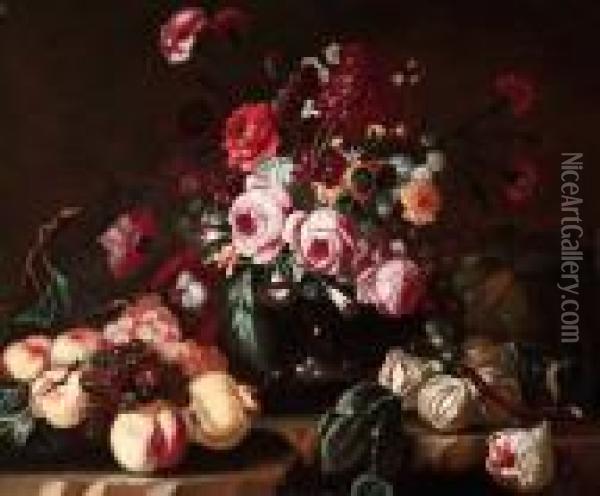 Fiori In Vaso Con Frutta Su Basamento In Pietra Oil Painting - Frans Werner Von Tamm