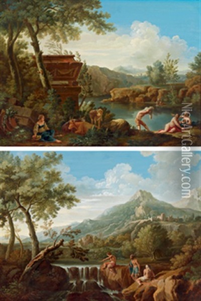 Flusslandschaft Mit Fischern, Flusslandschaft Mit Badenden Oil Painting - Andrea Locatelli