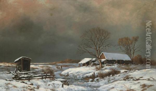 Winter Landscape With Cottages Oil Painting - Vasilij Efimovitch Ekgorst