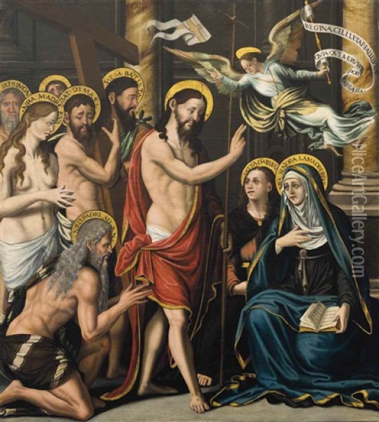 Christ Presenting The Redeemed Patriarchs To The Virgin Mary And Saint John The Evangelist Oil Painting - Juan de Borgona the Elder