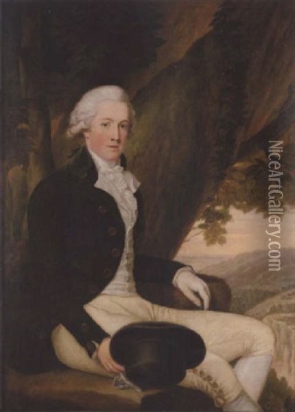 Portrait Of A Gentleman (robert Lee?), In A Green Coat, White Waistcoat And Light Yellow Breeches, Holding A Hat, A Wooded Landscape Beyond Oil Painting - Hugh Douglas Hamilton