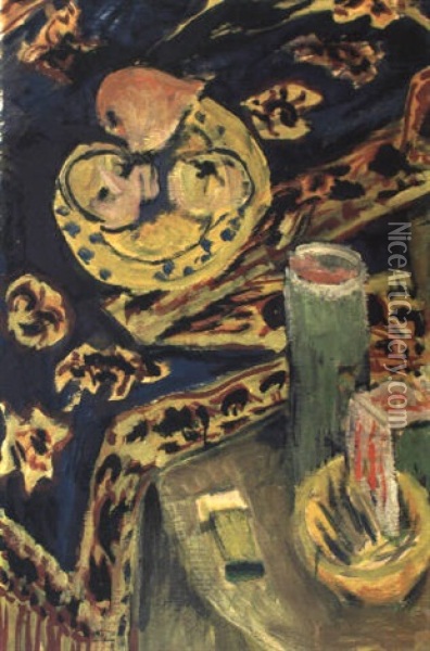 Stilleben Mit Fruchtschale Und Kerze, Auf Einer Stark Gemusterten Decke Oil Painting - Ernst Ludwig Kirchner
