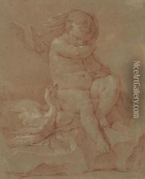 A Seated Putto With A Swan Oil Painting - Charles Joseph Natoire