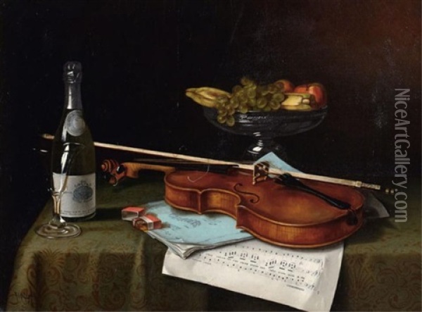 Still Life With Violin, Fruit And Champagne Oil Painting - Thomas H. Hope