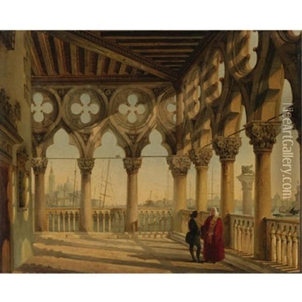 View From The Porch Of The Palazzo Ducale, Venice, Towards San Giorgio Maggiore Oil Painting - Giovanni Migliari