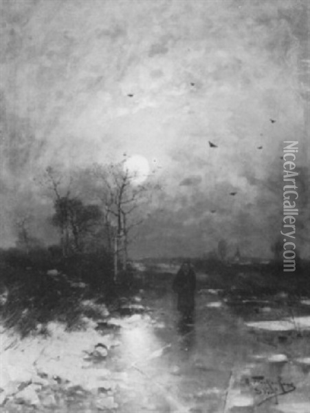 Mondnacht An Einem Zugefrorenen Kanal Am Niederrhein Oil Painting - Heinz Flockenhaus
