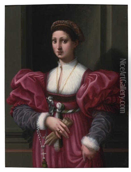 Portrait Of A Lady In A Crimson Dress Oil Painting - Vincenzo di Benedetto Tamagni