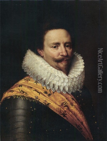 Portrait Of Stadholder Frederik Hendrik, Prince Of Orange, Wearing Armour Suit With Lace Collar And Orange Sash Oil Painting - Michiel Janszoon van Mierevelt