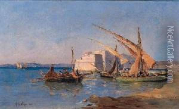 Barche Con Pescatori A Riva 1885 Oil Painting - Alessandro la Volpe