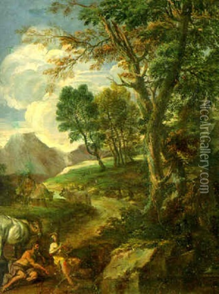 A Pastoral Italianate Landscape With Two Cowherds Resting Oil Painting - Joachim Franz Beich