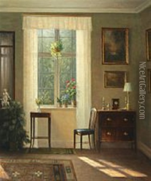 Interior From A Living Room With Empire Furniture And Natural Light From The Garden Oil Painting - Hans Hilsoe