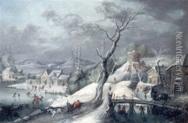 Gebirgige Winterlandschaft Mit Einem Verschneiten Dorf, Pferdeschlitten Und Eislaufern Oil Painting - Robert Griffier