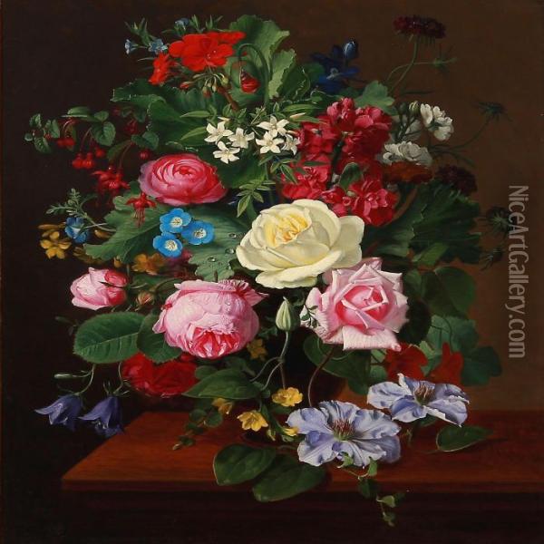 Still Life With Colourful Flowers On A Table Oil Painting - Otto Didrik Ottesen