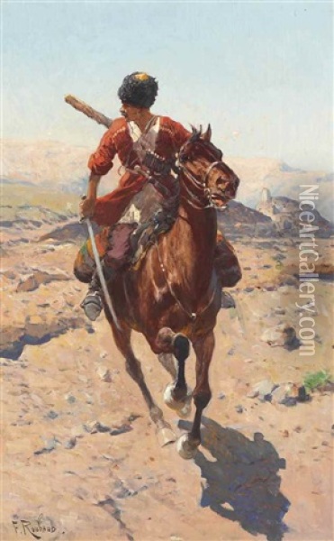 A Cossack Galloping On Horseback Oil Painting - Franz Roubaud