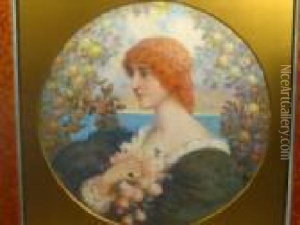 Spence. A Framed Watercolour And
 Body Colouredportrait Of A Red Haired Woman, Signed And Dated 1913, 
Diameter -41cm Oil Painting - Percy Fred. Seaton Spence
