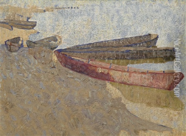 Three Boats On The Dnieper Oil Painting - Vladimir Davidovich Baranoff-Rossine