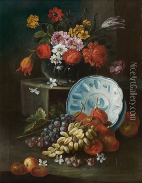 Nature Morte Au Bol De Porcelaine, Fruits Et Vase De Fleurs Oil Painting - Michele Antonio Rapous