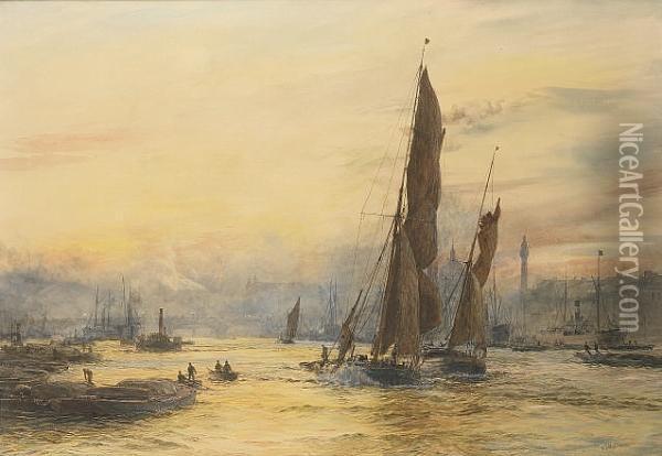 Thames Barges In The Pool Of London, Racing Down The River With The Tide Oil Painting - William Lionel Wyllie