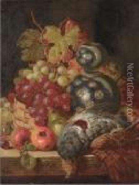Fruit And Game On A Ledge; And A Tankard With Fruit On Aledge Oil Painting - Charles Thomas Bale