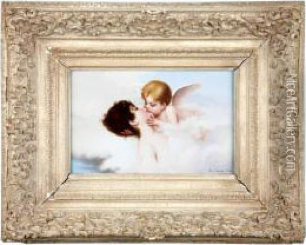 A Woman Slumbering Amongst Theclouds As She Is Kissed By A Hovering Cupid Oil Painting - Willy Martens