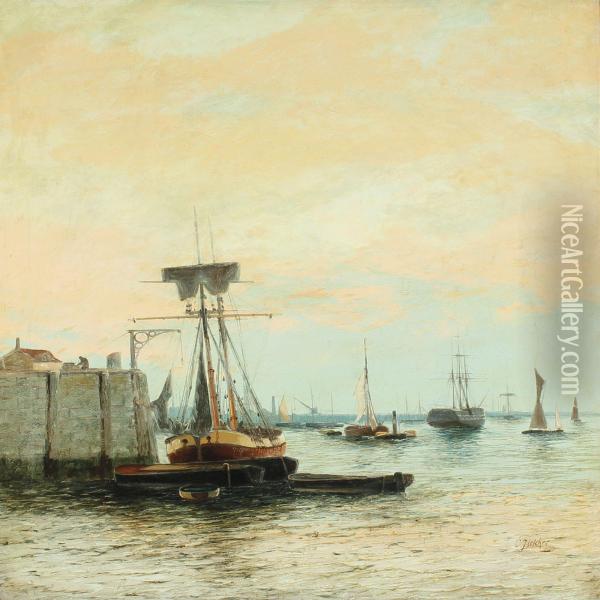 Harbour Scenery With Numerous Vessels Oil Painting - Edwin Fletcher