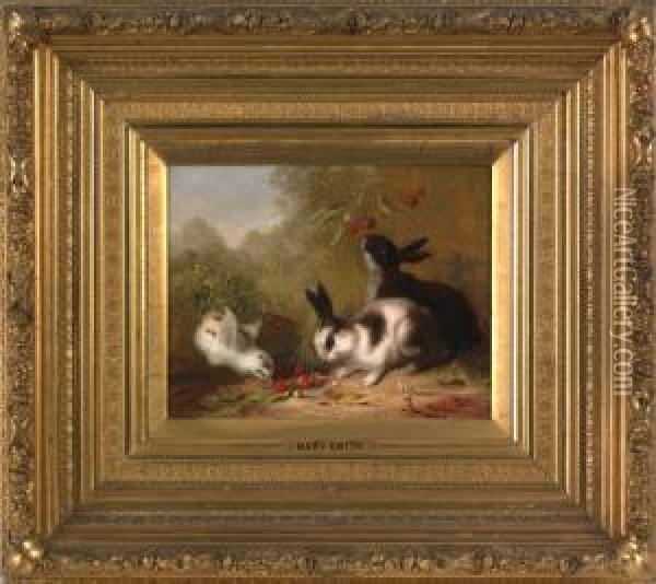 Two Bunnies And A Chick Eating Cherries Oil Painting - Mary Russell Smith