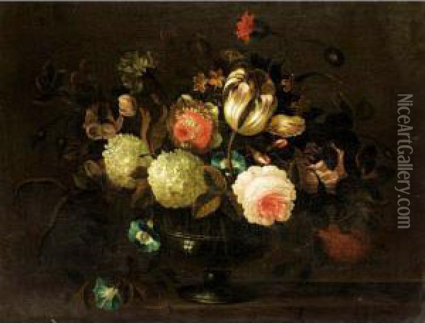 Still Life With A Tulip, Roses, 
Carnations, Morning Glory And Other Flowers In A Glass Vase On A Stone 
Ledge Oil Painting - Pieter Hardime