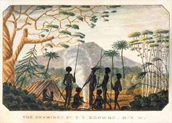 Group of aborigines around a campfire Oil Painting - T.R. Browne