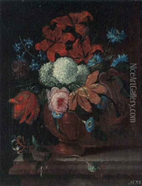 A Still Life With Roses, Tulips, Lilies And Other Flowers, All In A Terracotta Vase On A Stone Ledge Oil Painting - Pieter Casteels III