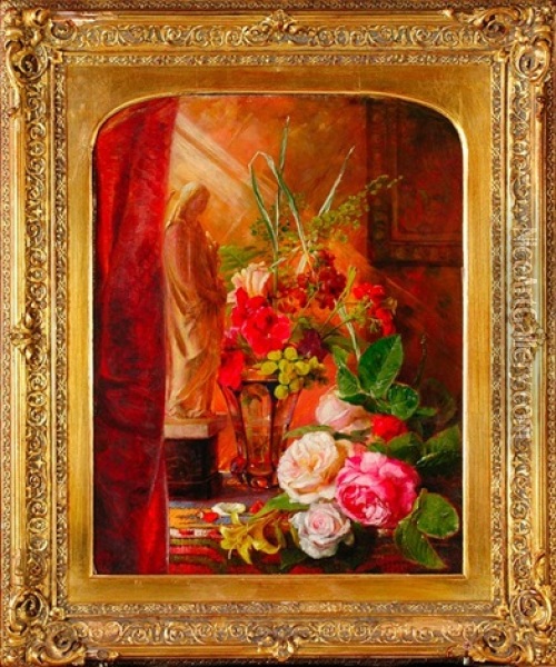 Floral Still Life With An Angel Oil Painting - Joseph Schuster