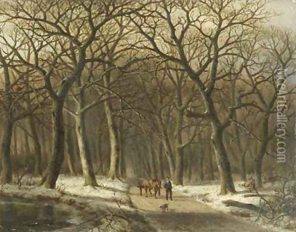 A woodcutter with a mallejan in a winter forest Oil Painting - Everardus Benedictus Gregorius Mirani