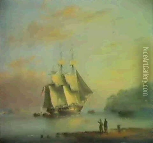 A British Frigate Off The Coast At Mount Edgecumbe, Plymouth Oil Painting - Nicholas Matthew Condy