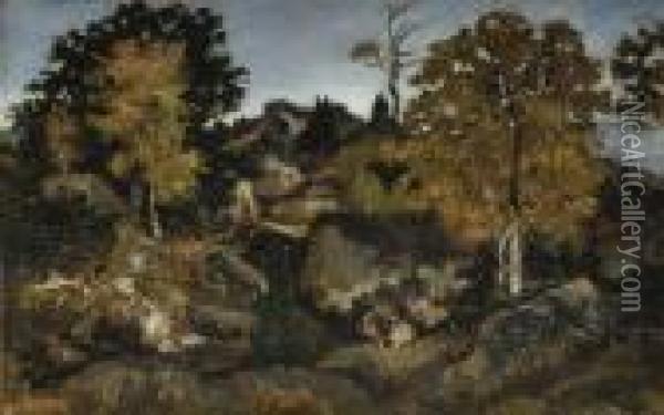 Rochers En Foret De Fontainebleau Oil Painting - Antoine-louis Barye