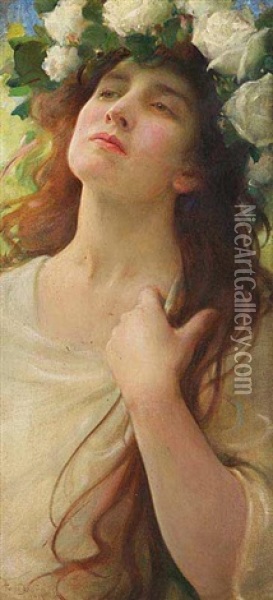 A Girl With White Roses Oil Painting - Frantisek Dvorak