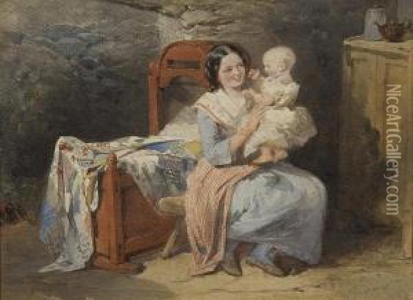 Mother And Child Within A Cottageinterior Oil Painting - Henry Parsons Riviere