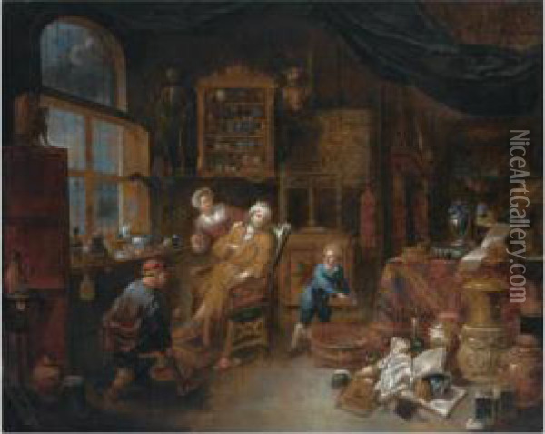 A Doctor's Interior With A 
Doctor Treating A Patient's Ankle, Together With A Woman Offering A 
Drink And A Little Boy Nearby, A Still Life Of Books, Jugs, Pots And A 
Skull To The Right Foreground Oil Painting - Jan Josef, the Elder Horemans