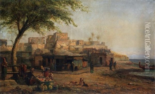 Marche Devant Le Port En Orient Oil Painting - Pierre (Henri Theodore) Tetar van Elven