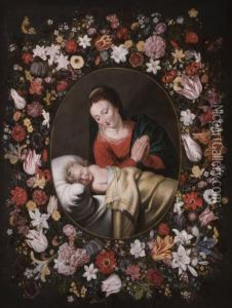 Madonna Mit Dem Schlafenden 
Christusknaben In Einem Kranz Aus Rosen, Tulpen, Lilien Und Anderen 
Blumen Oil Painting - Andries Daniels