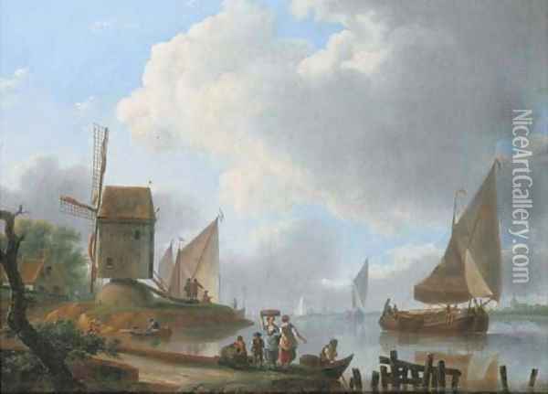 A river landscape with a damlooper and figures on the shore by a windmill Oil Painting - Frans Swagers