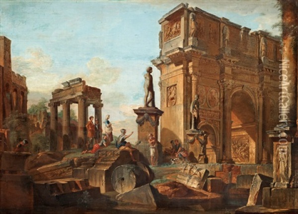 Capriccio Med Figurer Vid Romerska Ruiner Och Konstantinbagen Oil Painting - Giovanni Paolo Panini