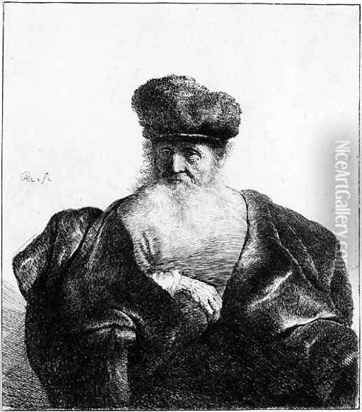 An old Man with Beard, fur Cap and velvet Cloak Oil Painting - Rembrandt Van Rijn