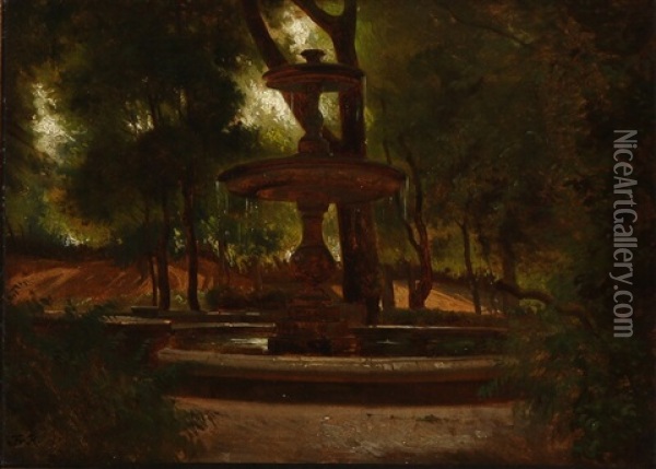 A Fountain In An Overgrown Park Oil Painting - Frederik Niels Martin Rohde