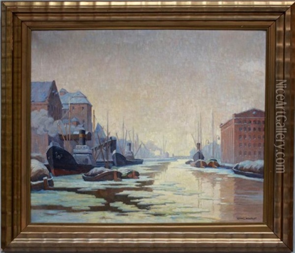Winterlicher Kanallauf Mit Eisschollen Im Hafen Oil Painting - Carl Knauf