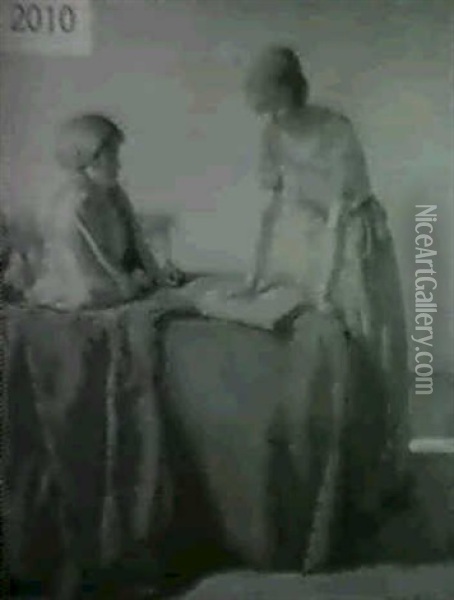 Women At Table Oil Painting - Myron Barlow