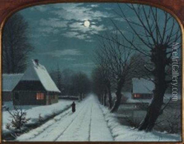Snowy Village Street In Moonlight Oil Painting - Nils Hans Christiansen