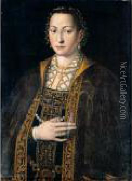 Portrait Of Eleanora Of Toledo, 
Grand Duchess Of Tuscany (1522-62), Half Length, In A Richly Embroidered
 And Bejewelled Dress Oil Painting - Agnolo Bronzino