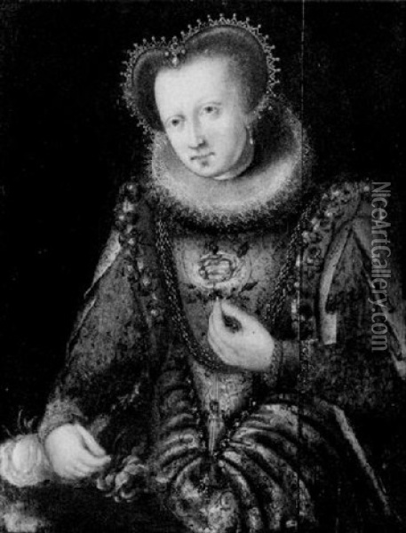 Portrait Of A Noblewoman By A Table Wearing A Richly Embroidered Brocade Dress Set With Pearls, Holding Roses Oil Painting - Frans Pourbus the Elder
